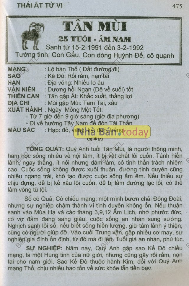 TỬ VI TUỔI TÂN MÙI 1991 NĂM 2015 Ất Mùi